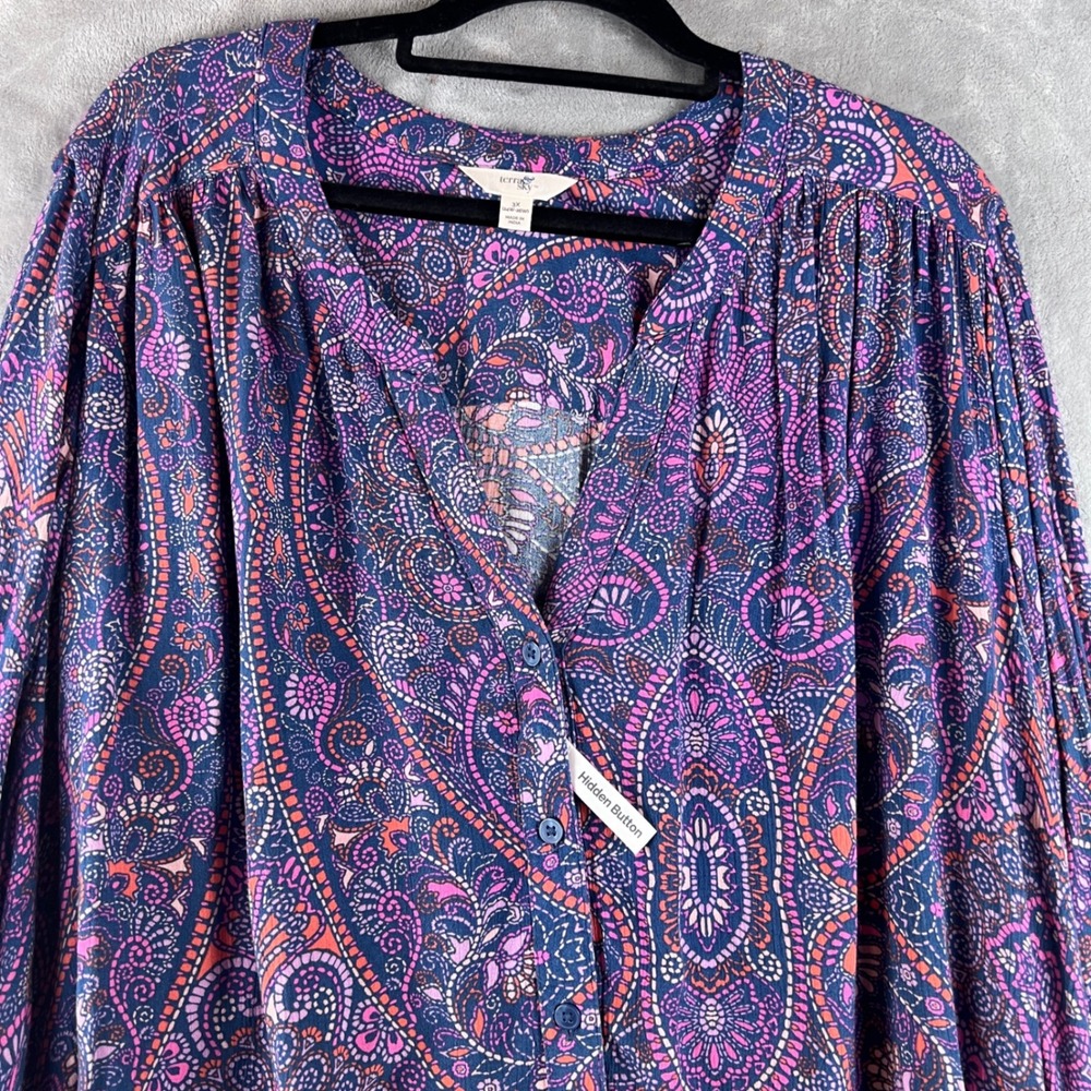 Terra & Sky Blouse Plus Size 3X Purple Paisley Hidden Button V-Neck Long Sleeve - Picture 3 of 10
